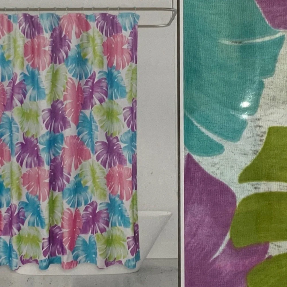 Shower Curtain Tropical Colorful Leaf Print  Fabric Teal Pink Green 70 X 72 in